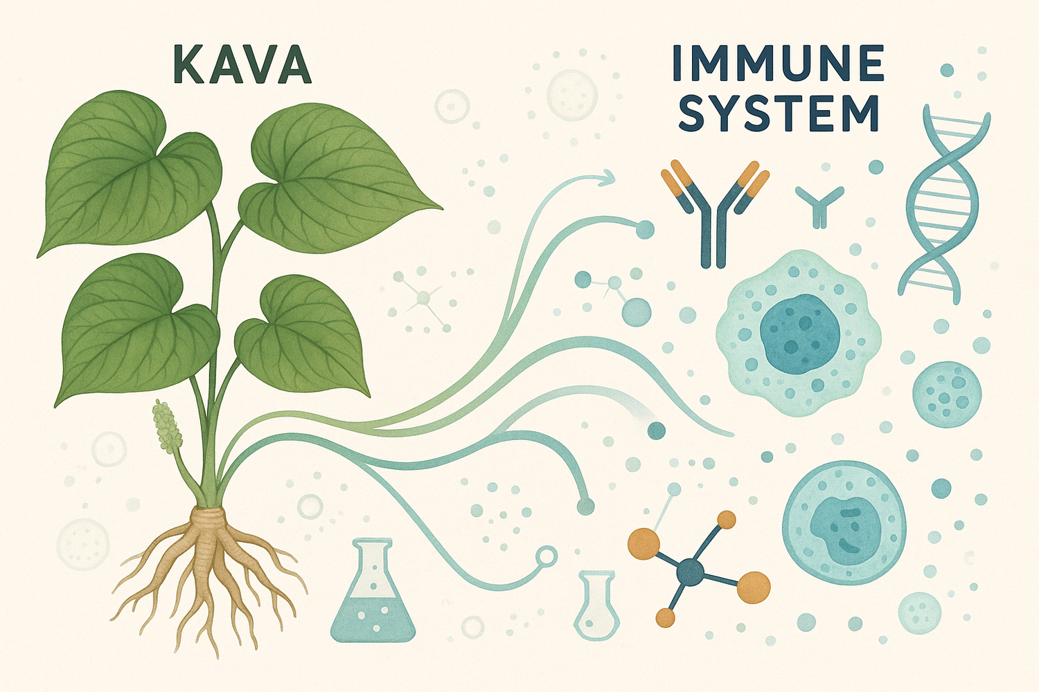 A cup of kava tea with kava roots and leaves on a wooden table, accompanied by subtle immune system icons, representing emerging research on kava's effects on inflammation and immunity.