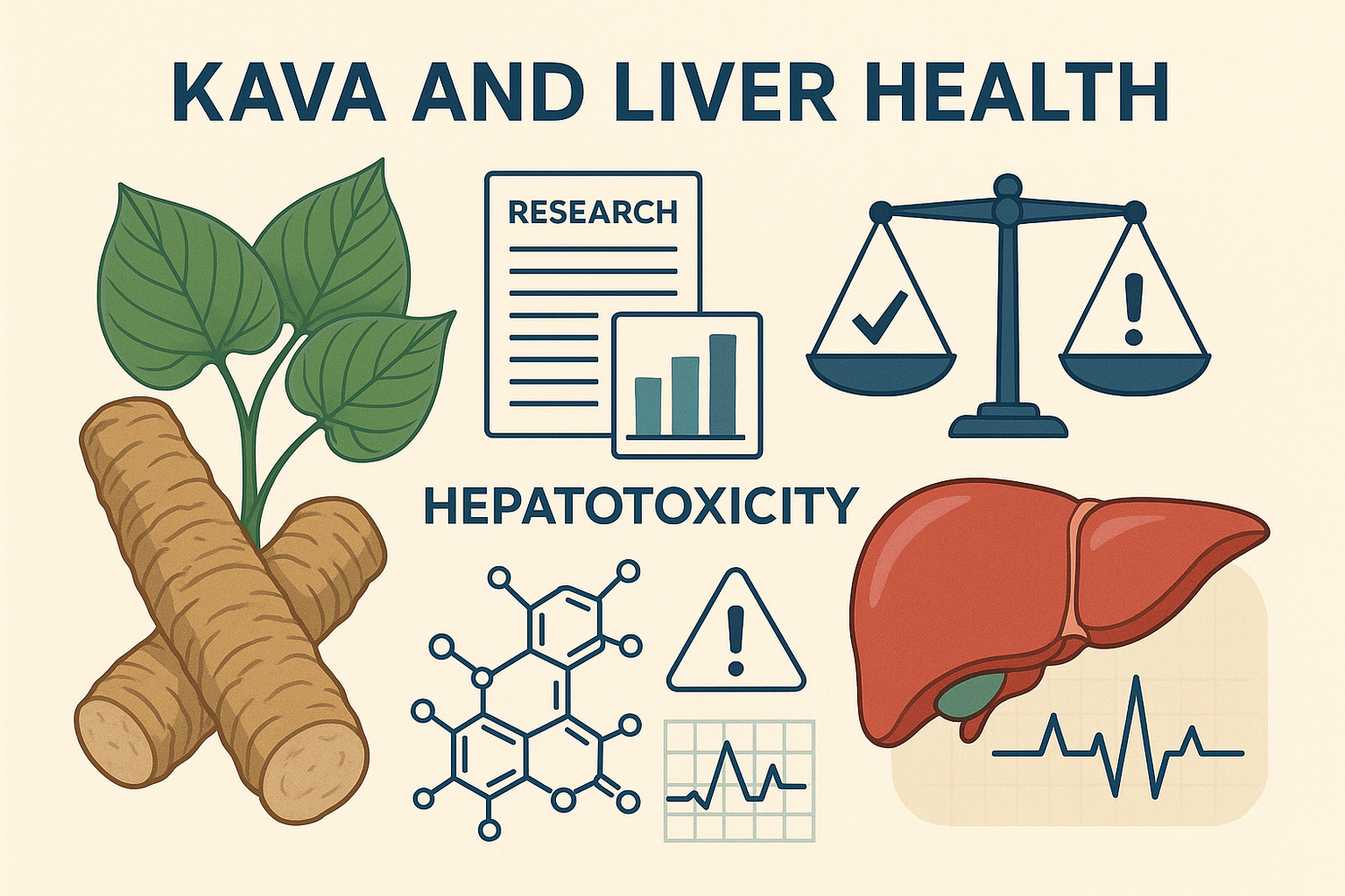 Kava roots, powder, and a cup of kava tea on a table with a subtle liver illustration, representing the discussion and research on kava's potential hepatotoxicity risks.