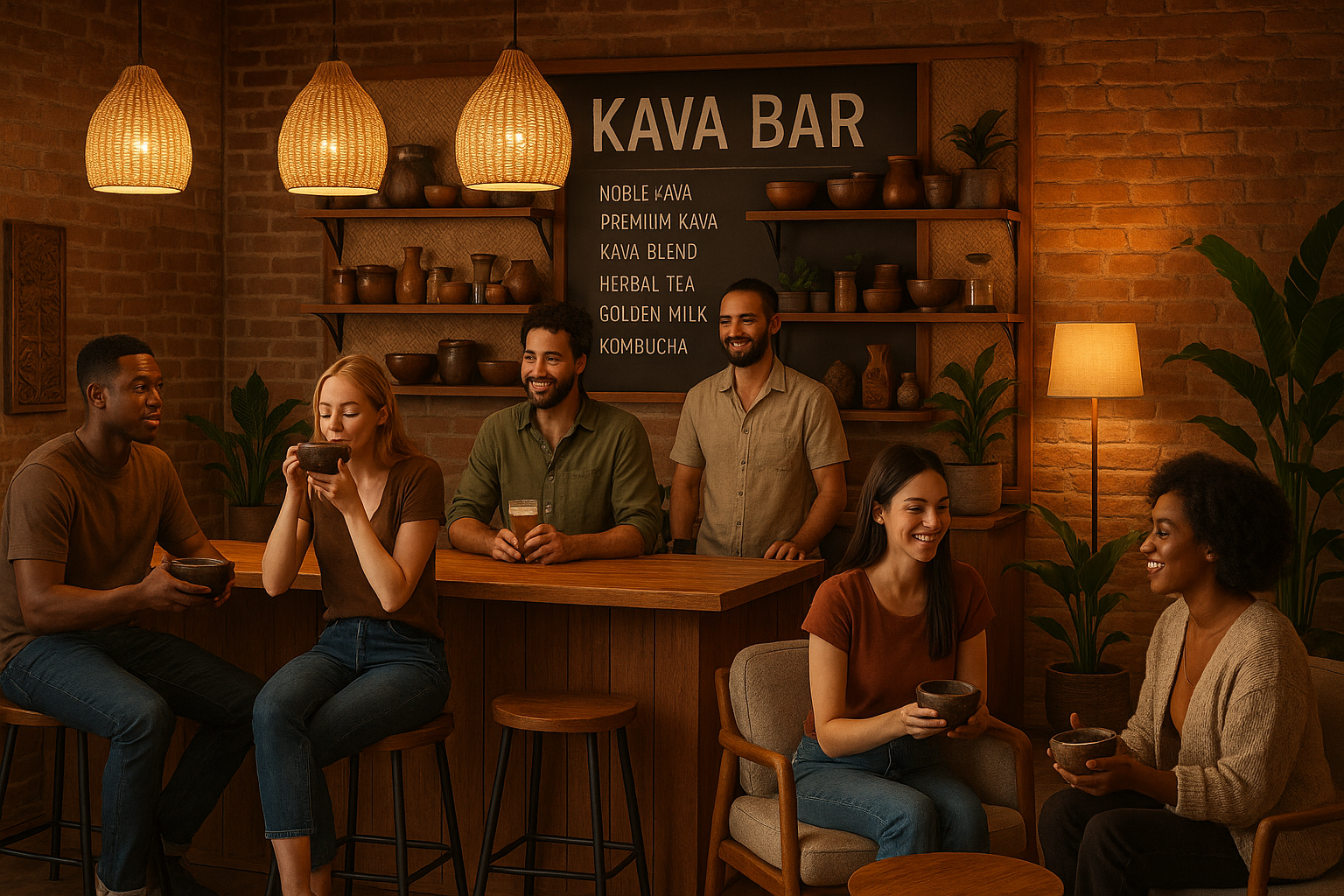 People enjoying kava drinks at a modern kava bar, representing the growing trend and social experience of kava consumption. 