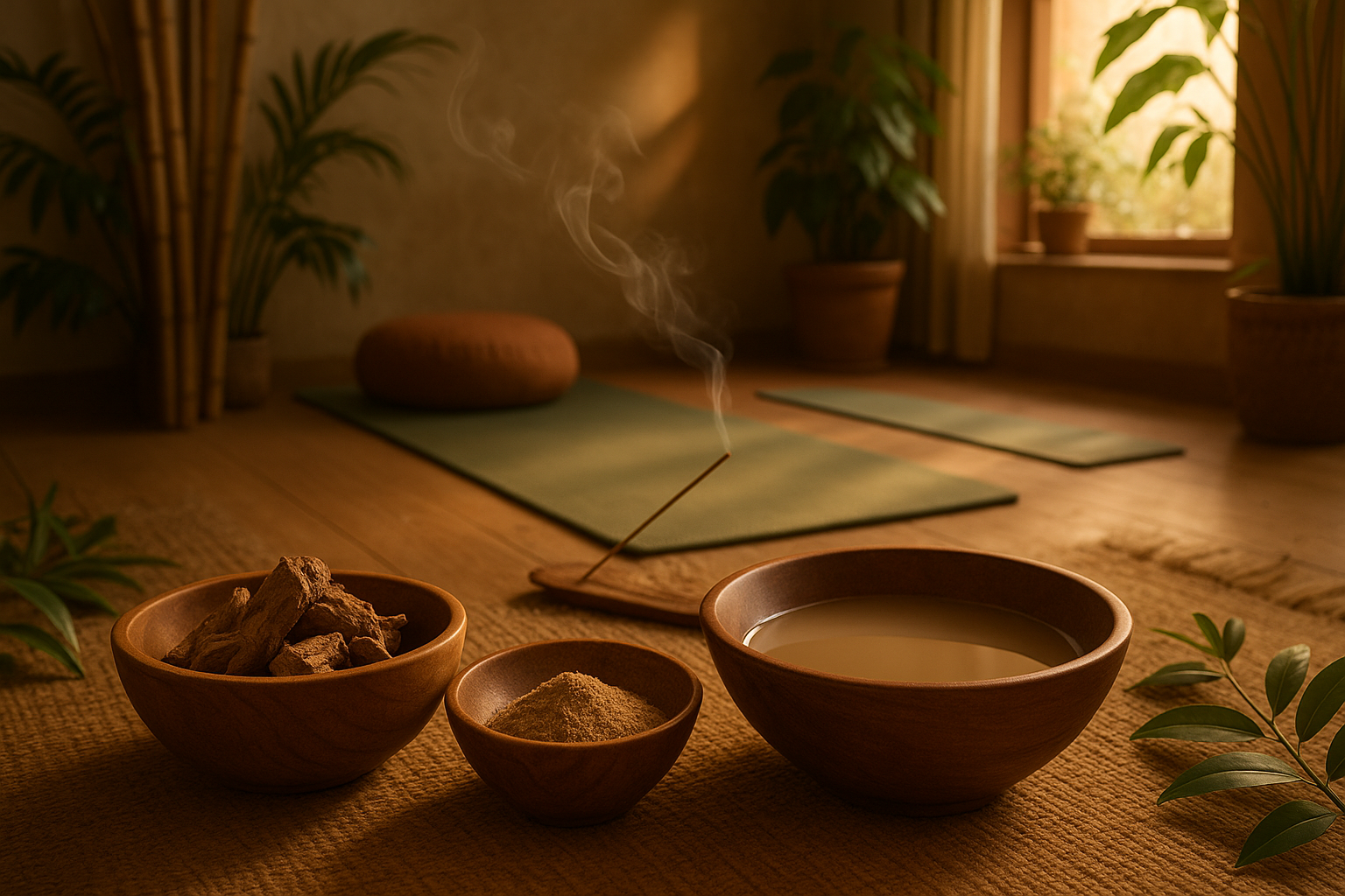 A cup of kava tea on a mat next to yoga props and meditation accessories, representing the integration of kava into mindful living, meditation, and yoga practices.