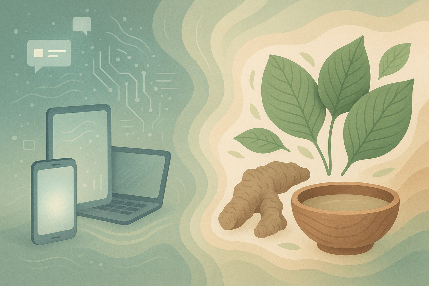 A cup of kava tea on a desk with a laptop, smartphone, and digital devices, representing kava’s potential role in reducing tech-induced stress and managing digital overload.