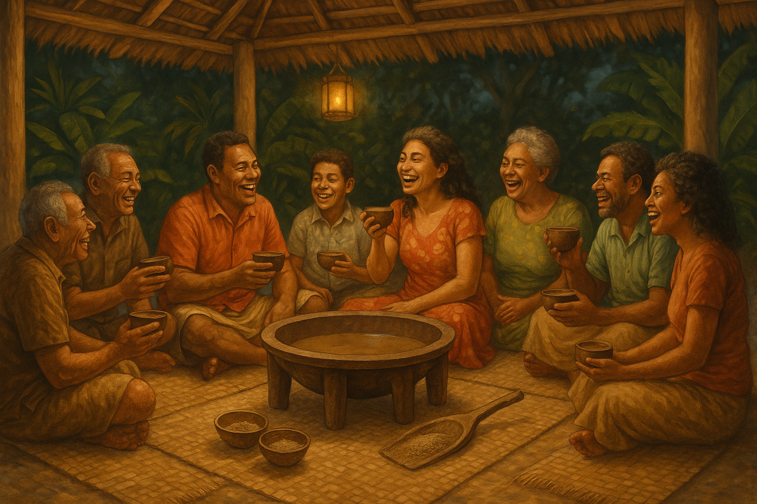 A group of people sharing kava drinks in a cozy setting, representing kava’s role in fostering social connection and community bonding.