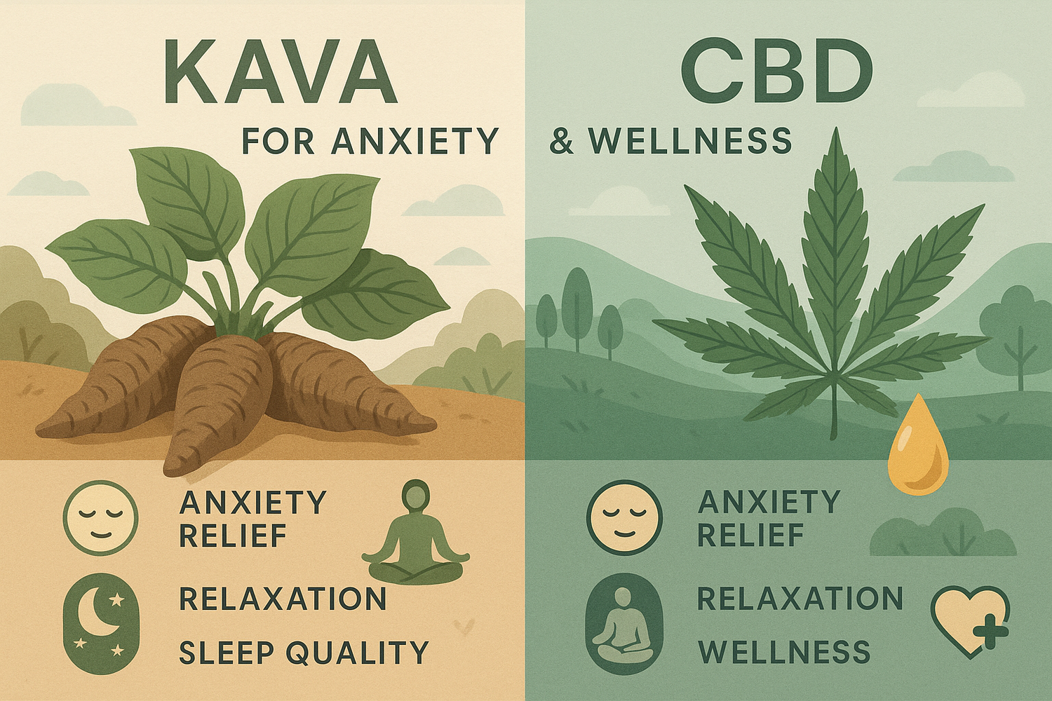 Kava vs CBD comparison chart showing effects, benefits, and risks for anxiety, relaxation, and overall wellness"