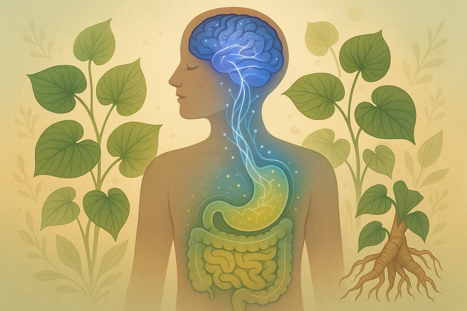 A cup of kava tea with kava roots on a wooden surface, accompanied by subtle gut and brain icons, representing kava’s potential benefits for digestion and mood.