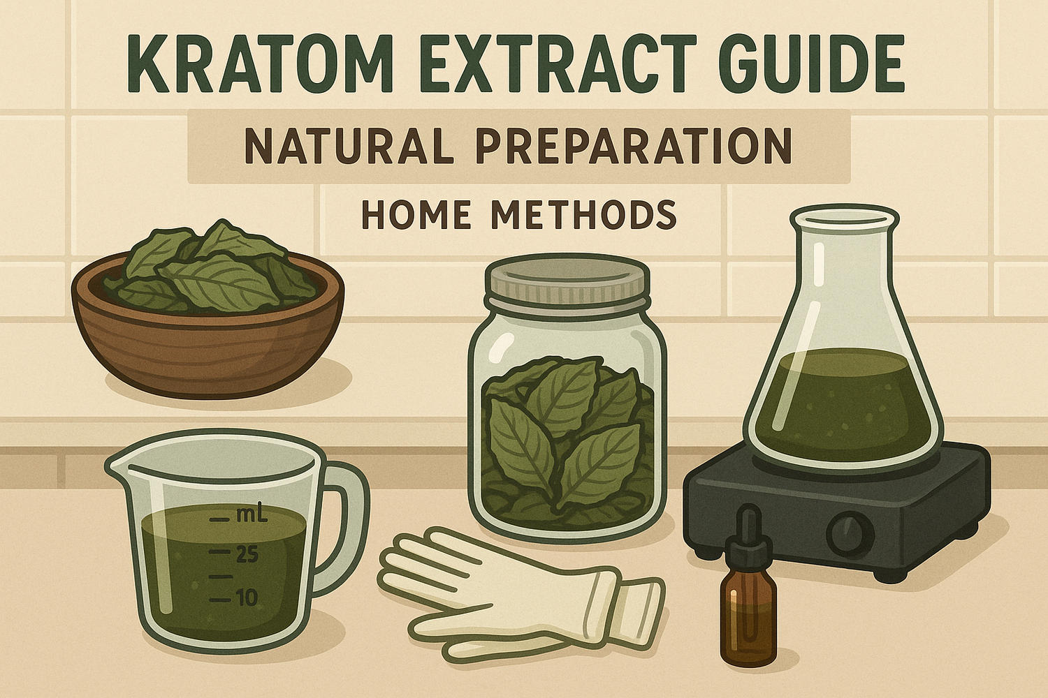 Kratom leaves, powder, and a small glass jar on a kitchen counter, illustrating the process of making Kratom extract at home.