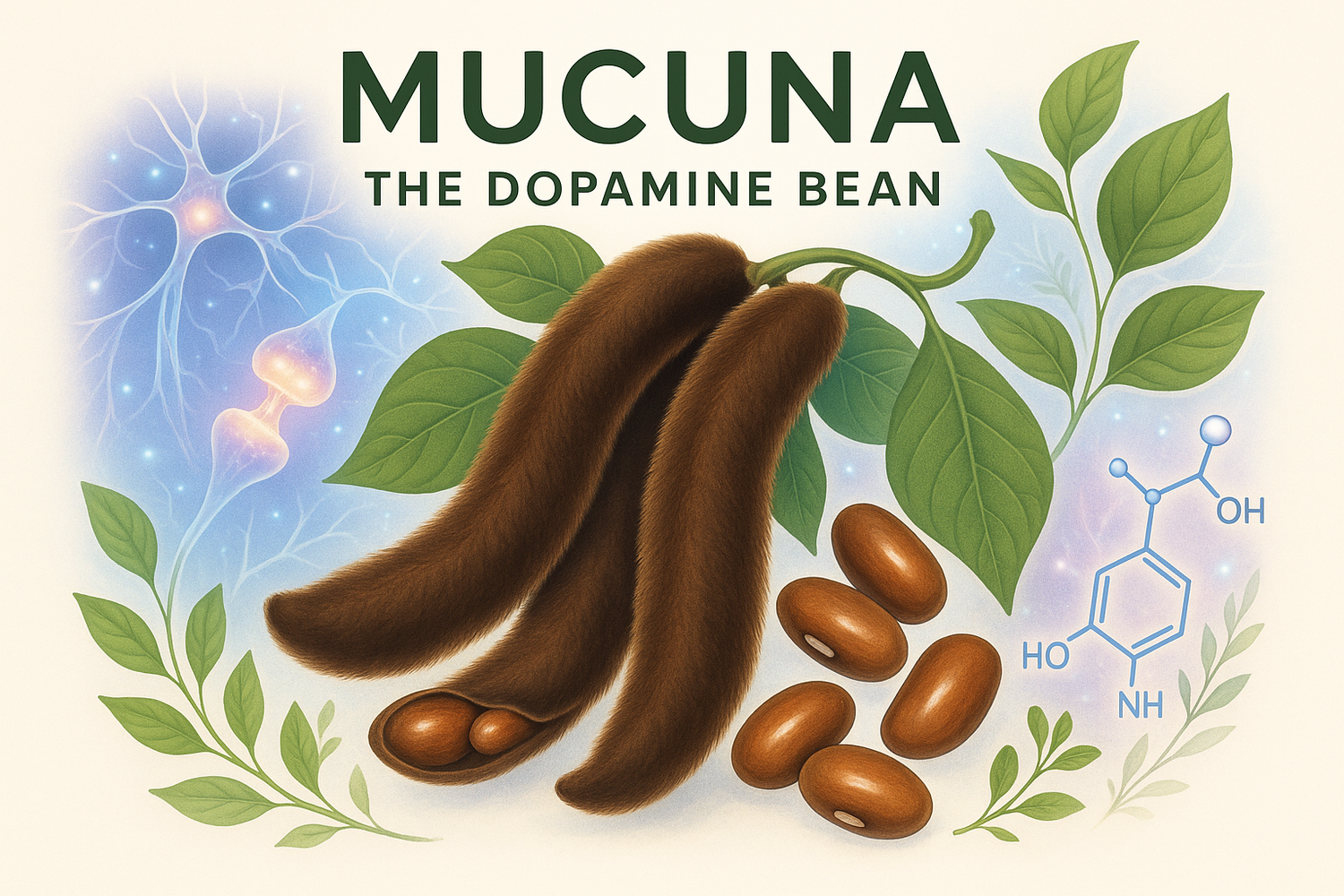 Mucuna pruriens beans and pods displayed on a natural surface, symbolizing their role in supporting dopamine levels and nervous system health.