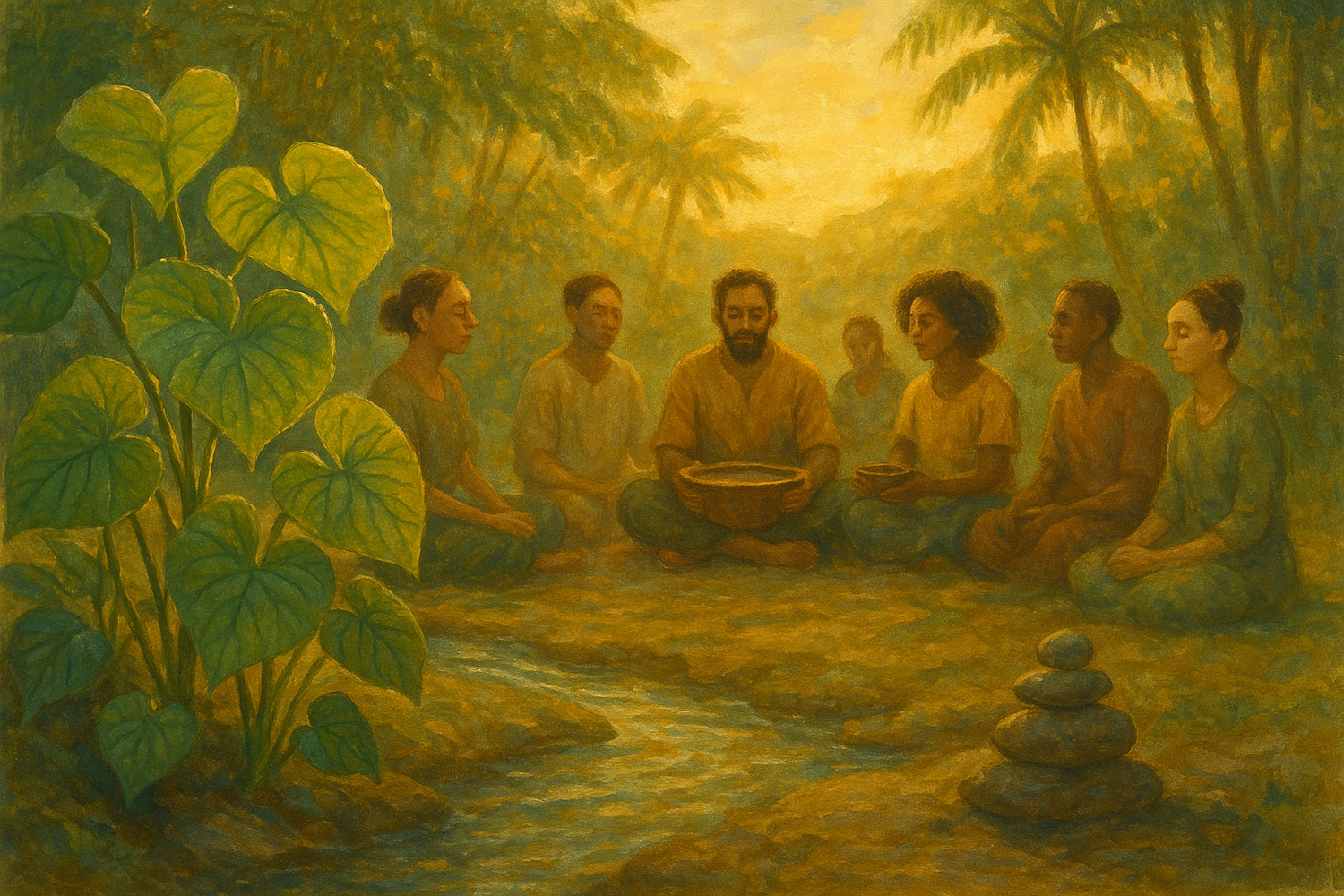 A group of people enjoying kava tea together in a calm, cozy setting, symbolizing mental health support, healing, and community through kava.