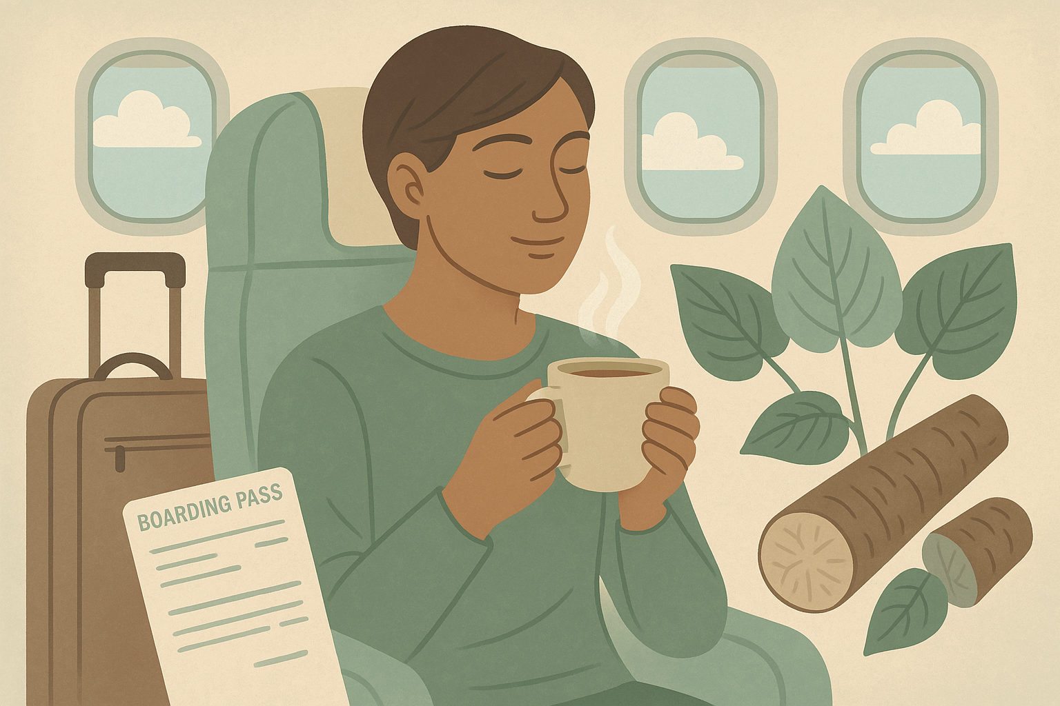 Traveler at an airport holding a cup of kava tea, symbolizing natural support for easing travel anxiety.