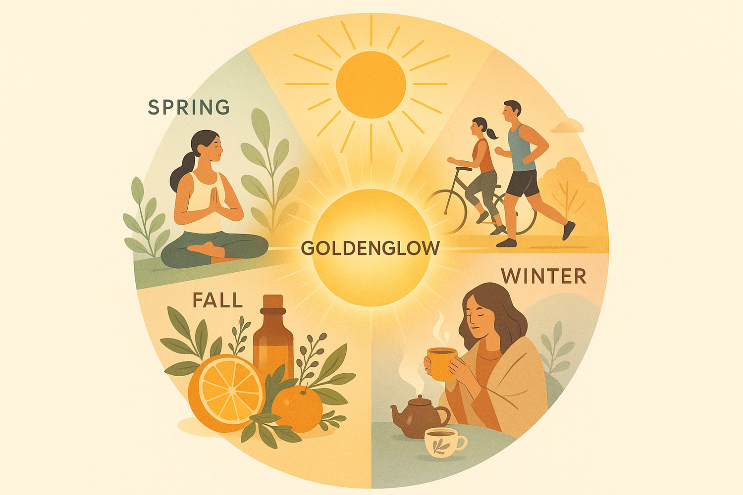 A cup of Goldenglow Elixir surrounded by seasonal fruits and herbs, representing its role in supporting health and wellness throughout the year.