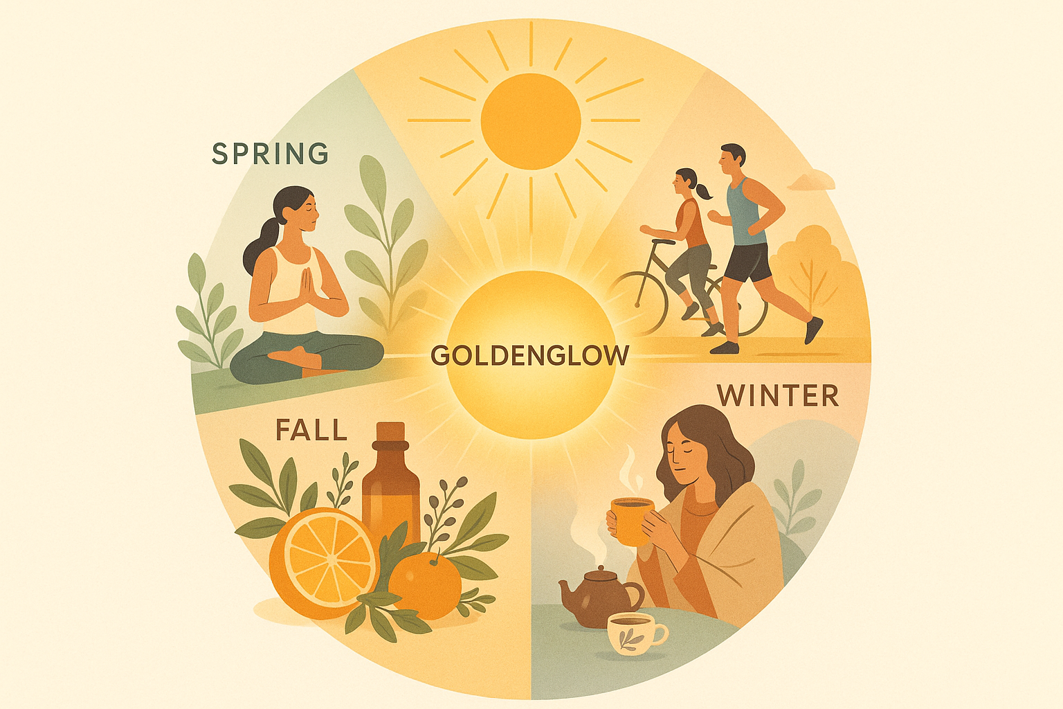 A cup of Goldenglow Elixir surrounded by seasonal fruits and herbs, representing its role in supporting health and wellness throughout the year.