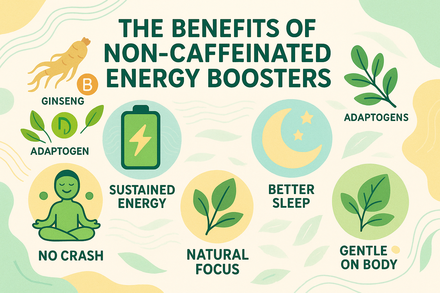A cup of herbal energy drink surrounded by natural ingredients on a wooden surface, representing the benefits of non-caffeinated energy boosters.