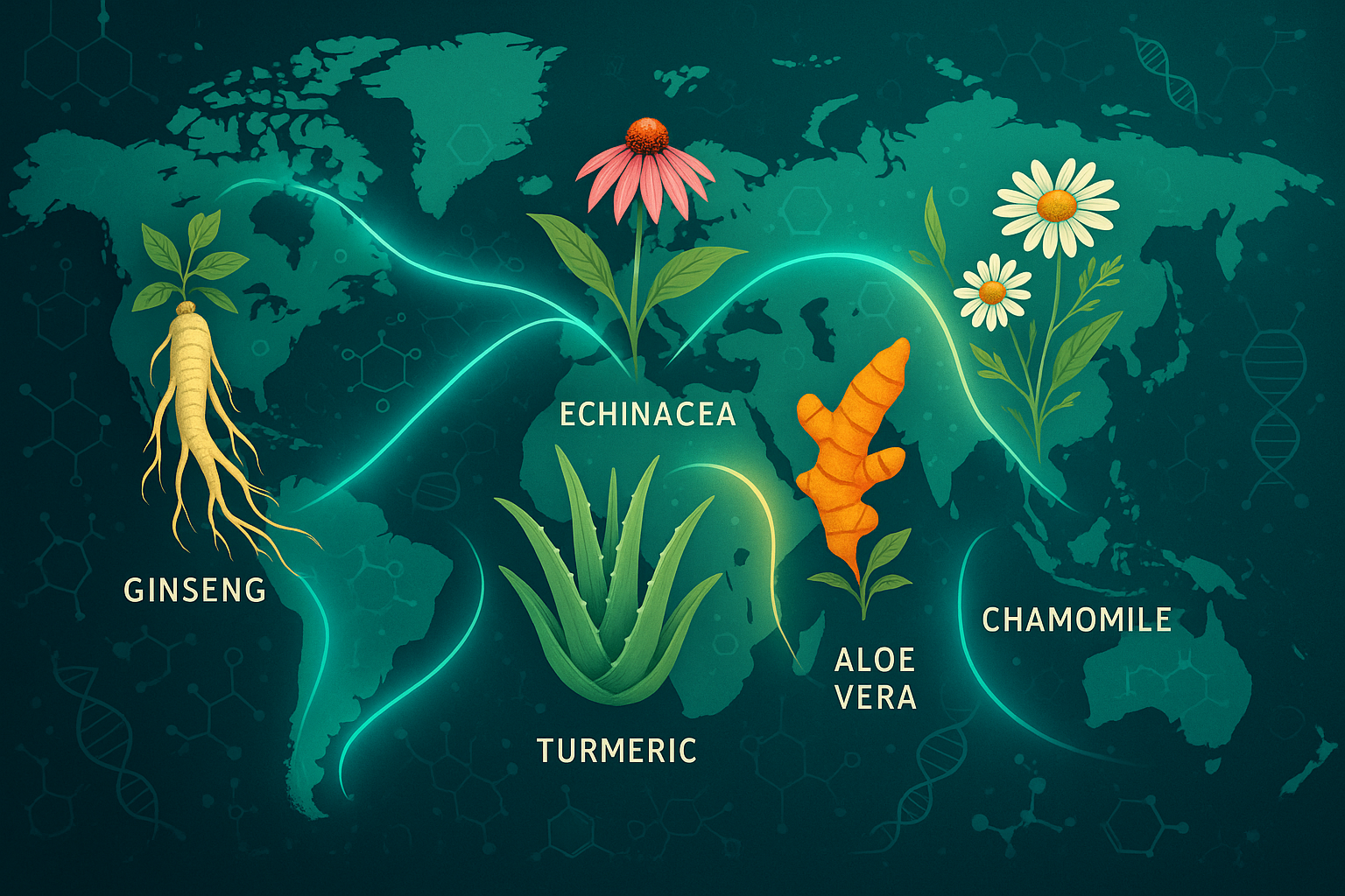 A variety of medicinal plants and herbs displayed on a wooden surface with a subtle world map overlay, representing the global impact and importance of medicinal plants