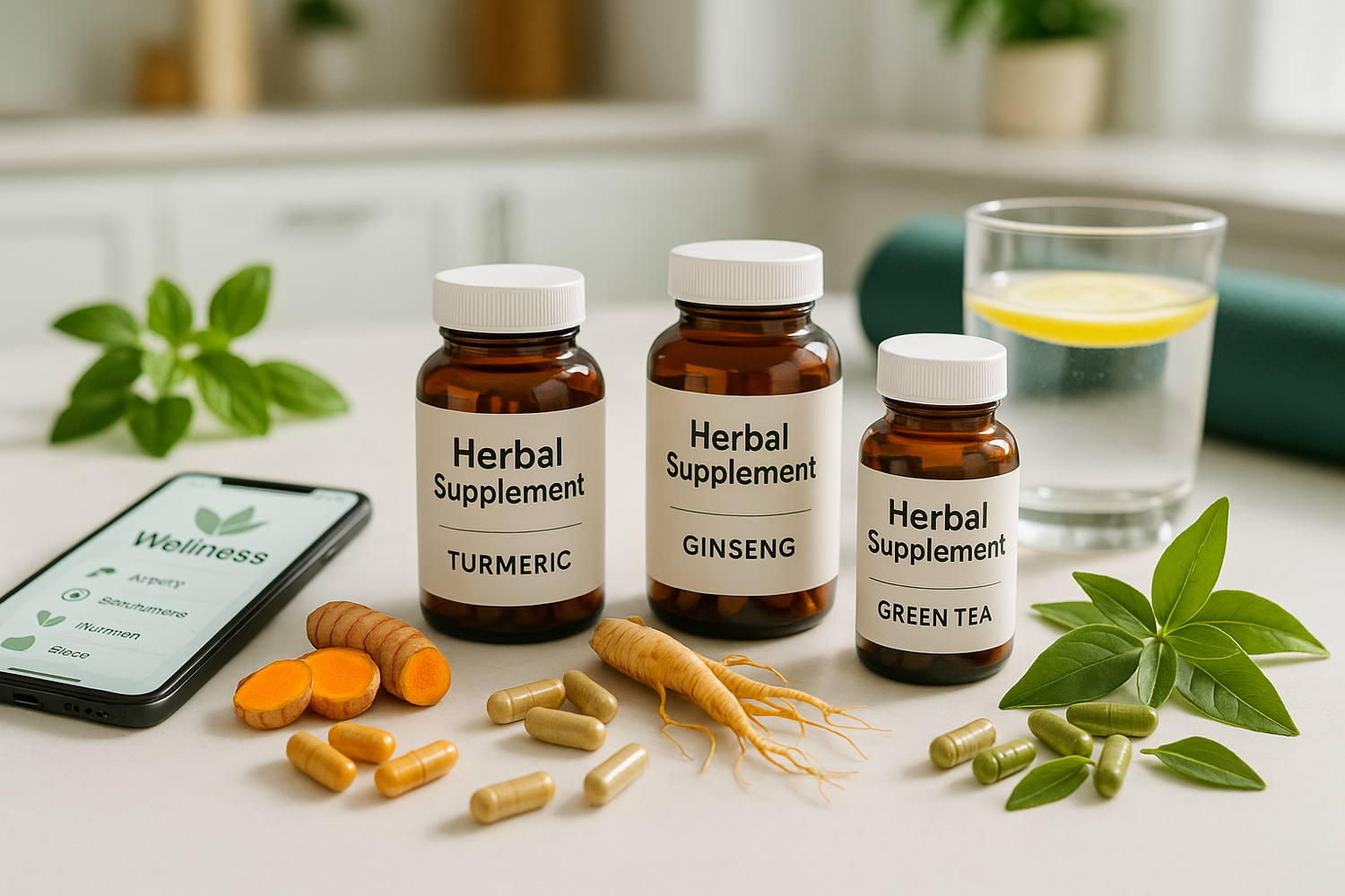 A variety of herbal supplements in capsules, powders, and fresh herbs displayed on a wooden surface, representing the growing popularity of herbal supplements in modern lifestyles.