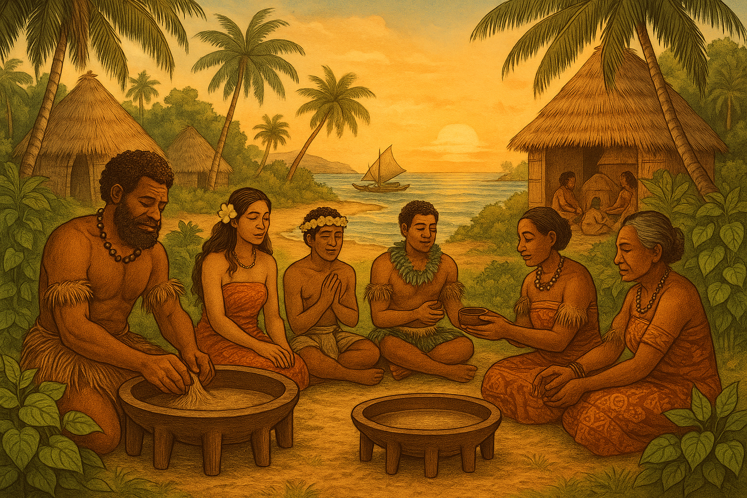 Kava roots, powder, and a traditional Bilo cup on a wooden surface, representing the 3,000-year history of kava in South Pacific cultures.