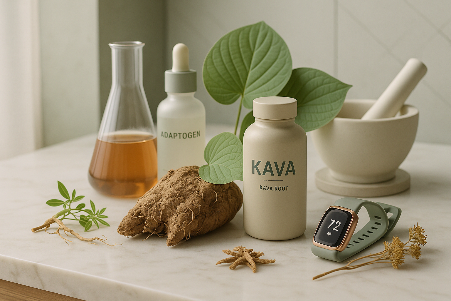 A cup of kava tea with kava roots on a wooden surface, accompanied by wellness icons, representing kava’s role in modern wellness trends, adaptogens, and biohacking practices.