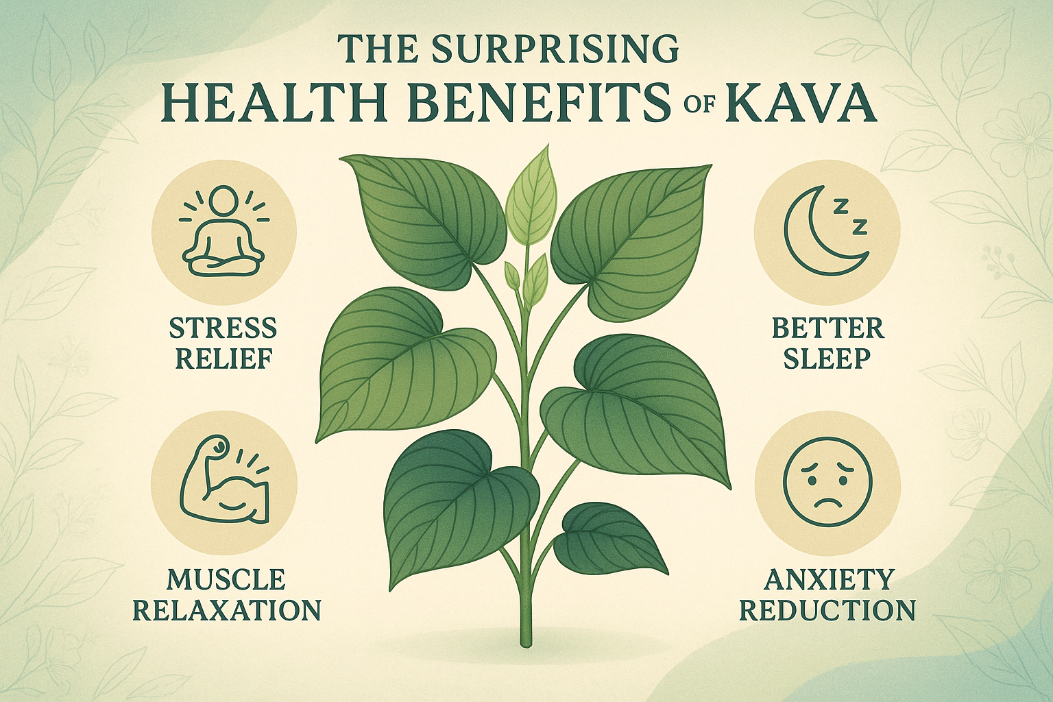 A cup of kava tea with kava roots and leaves on a wooden surface, representing the surprising health benefits of kava