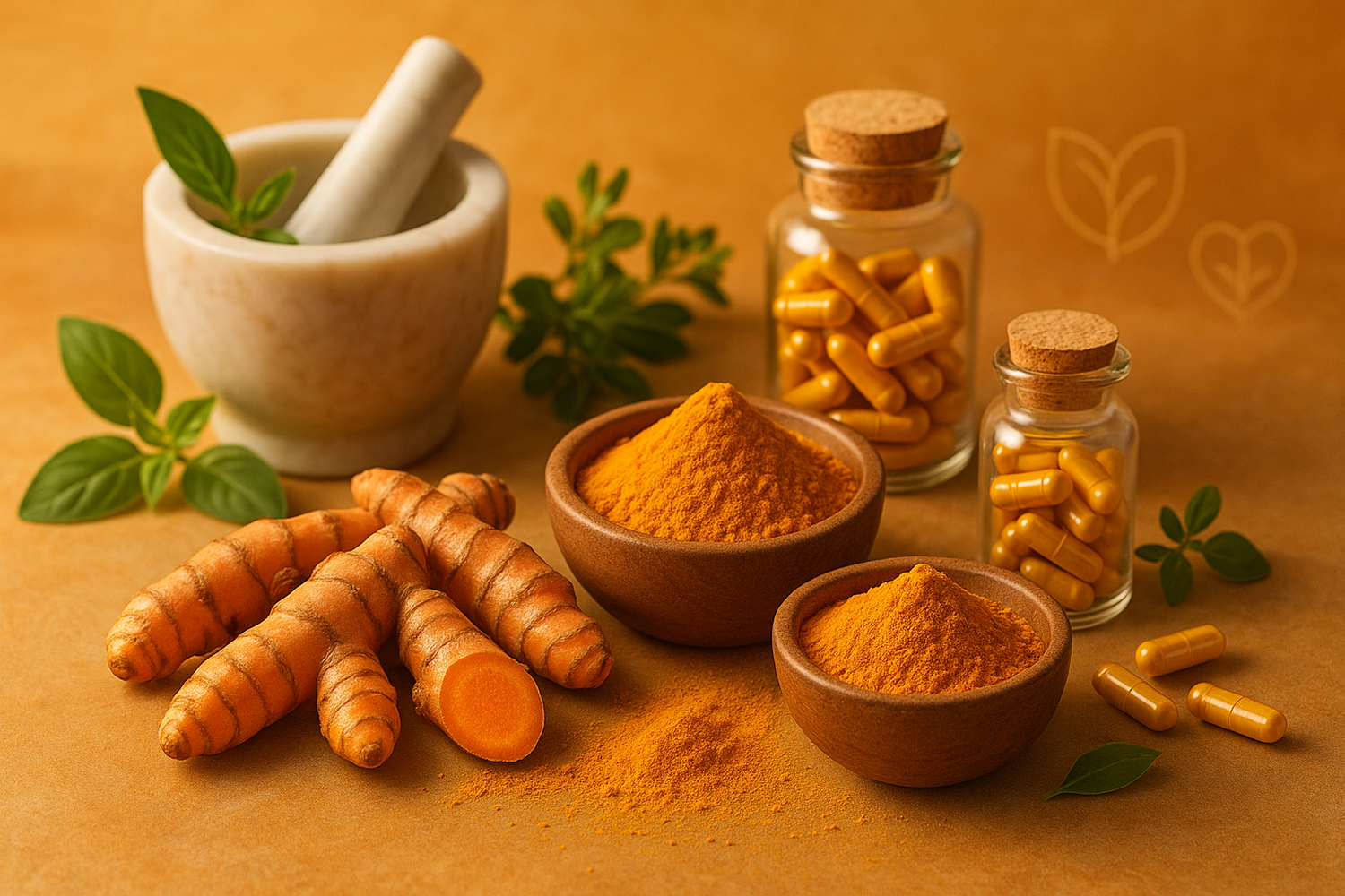 Fresh turmeric roots and turmeric powder on a wooden surface, highlighting its golden color and role in wellness and nutrition.