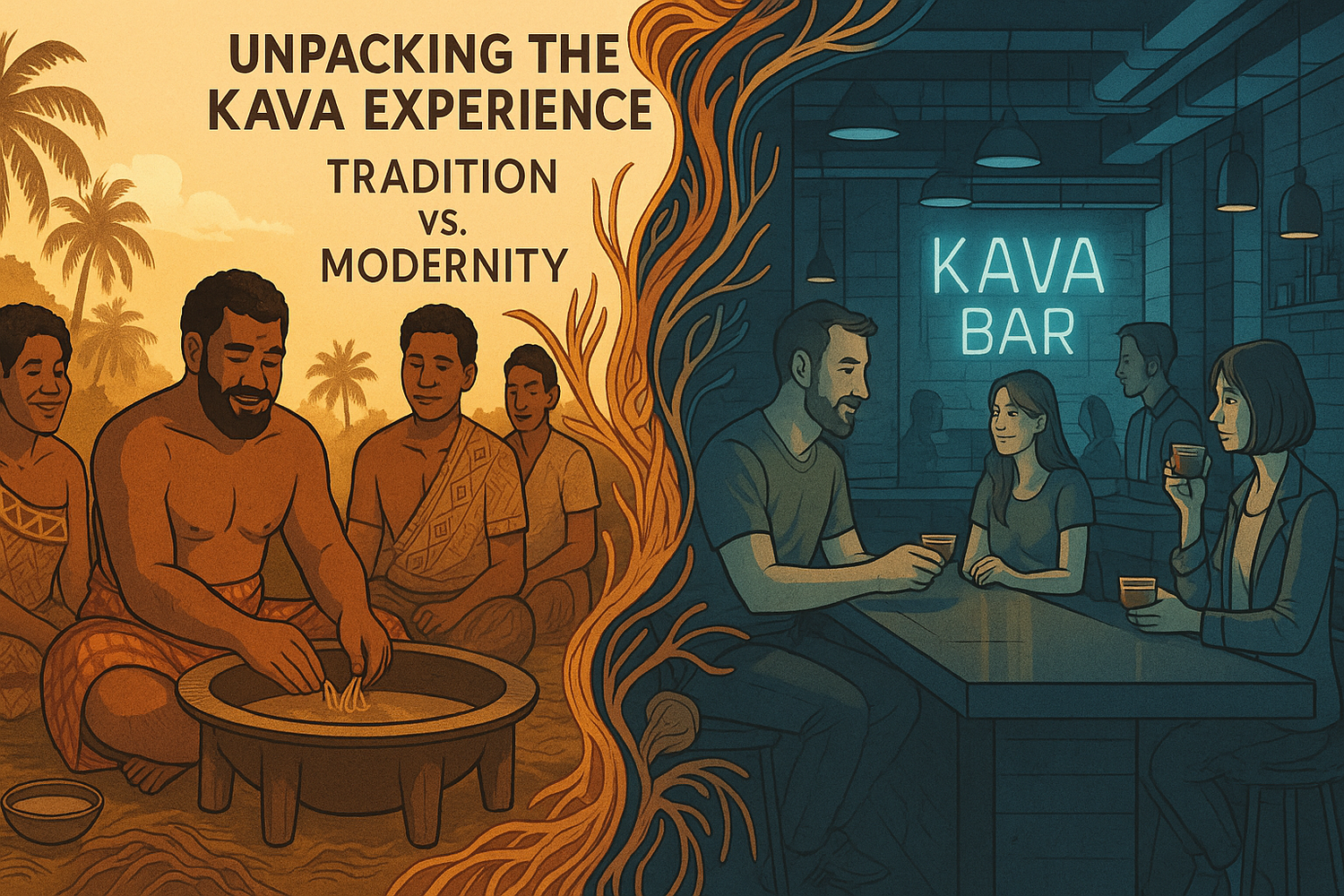 A cup of kava tea with traditional kava roots and modern serving accessories on a wooden surface, illustrating the balance between traditional practices and modern kava experiences.