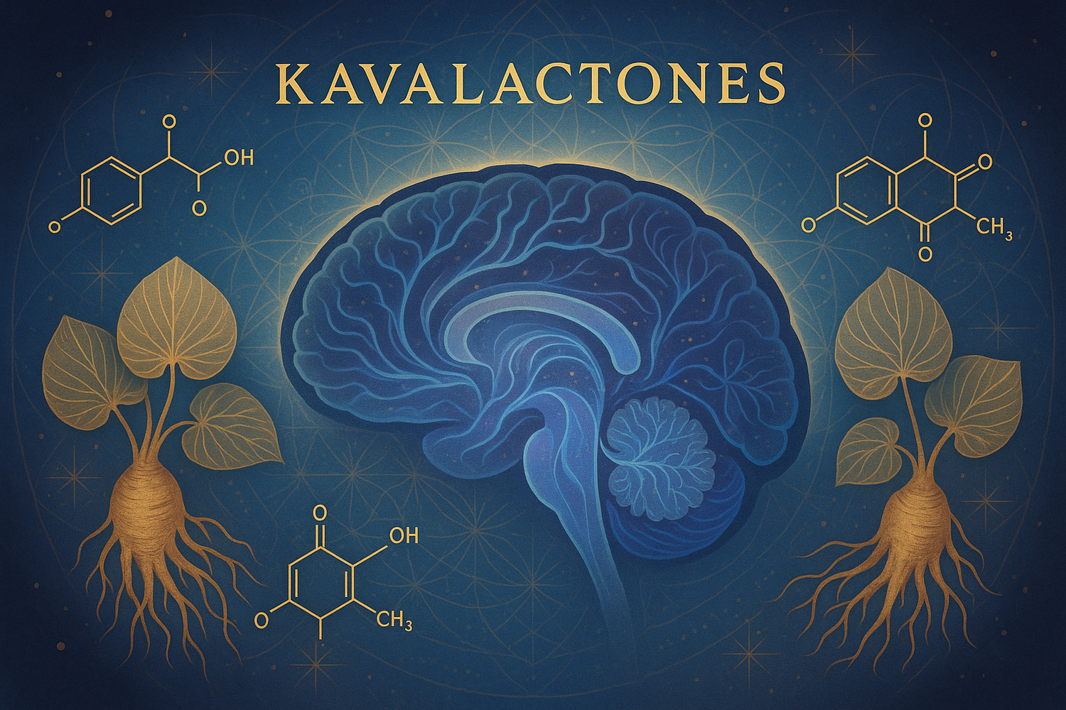 Kava roots, powder, and a cup of kava tea on a wooden surface with subtle brain graphics, illustrating how kavalactones in kava influence mental well-being.