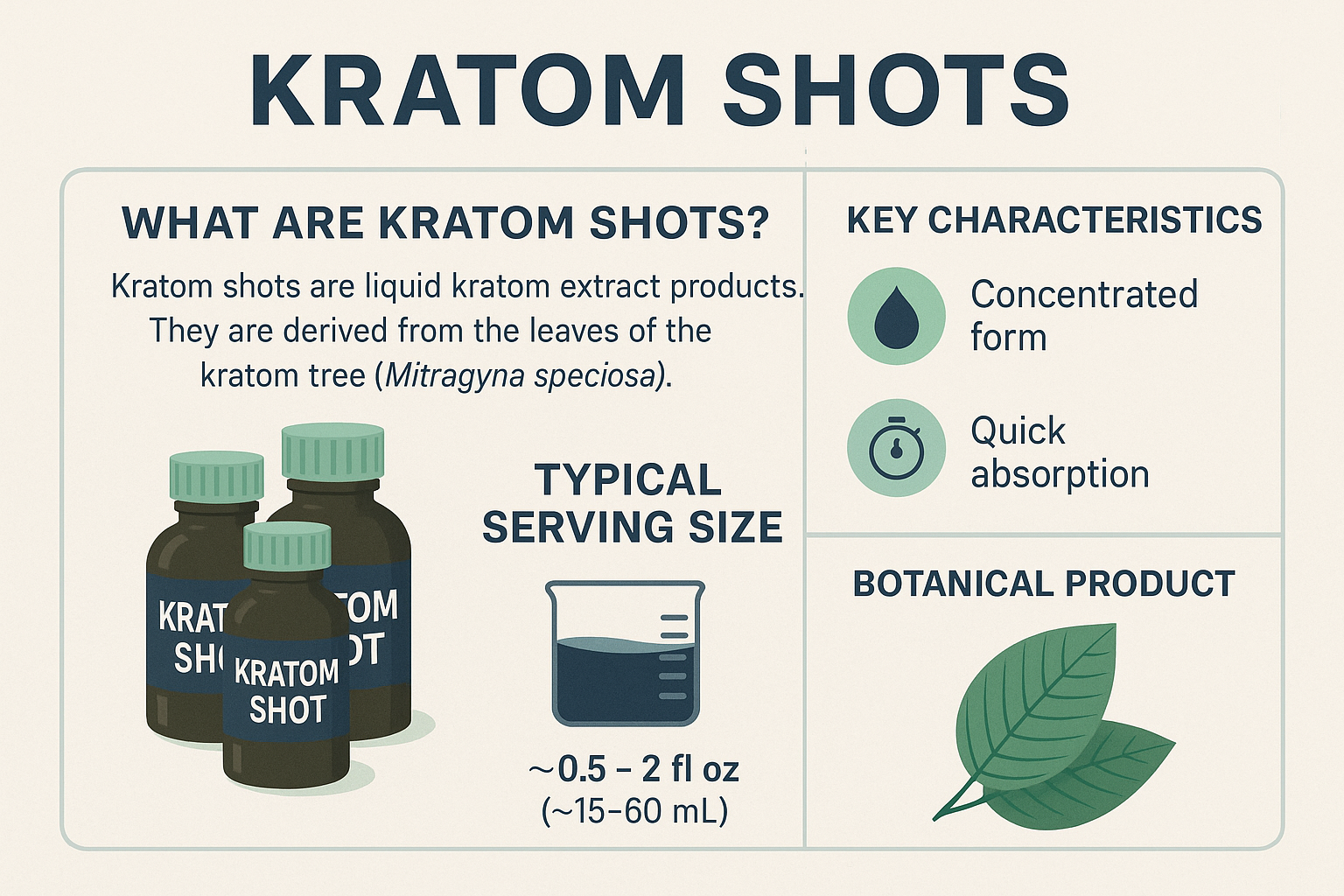 Small bottles of Kratom shots arranged on a table with Kratom leaves nearby, representing the concentrated herbal supplement form of Kratom.